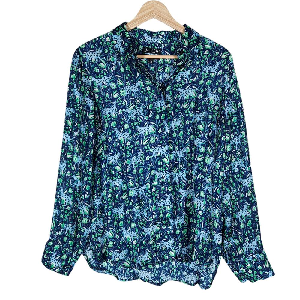 J. Crew Womens Button Up Top 6 Green Blue Leopard Funky Print Boho Chic Shirt
